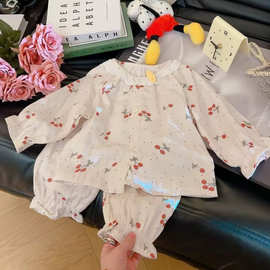 睡衣女童春秋季圆领长袖长裤甜美云朵棉中大童印花网红家居服套装