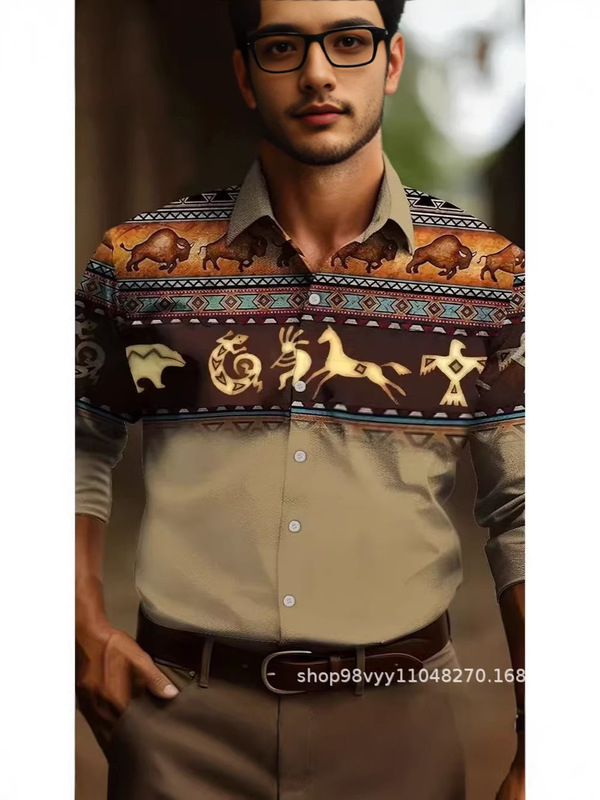 Cross-border foreign trade AliExpress men's shirt, western Mexican style long-sleeve shirt, four-way stretch, direct sales from manufacturer