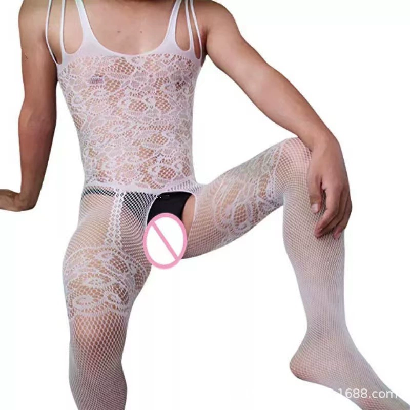 Cross -border men's erotic fishing net socks hollow see -through see -through knitted flowers