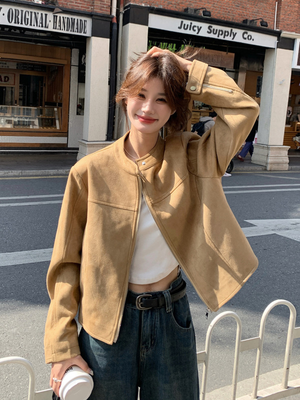 棕色麂皮绒外套女秋季2025新款韩系穿搭感小个子短款休闲夹克|undefined