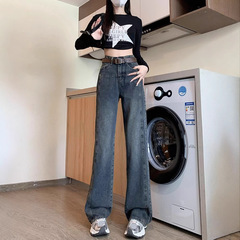 窄版水泥灰高腰阔腿牛仔裤女2025秋季新款复古宽松直筒垂感拖地裤
