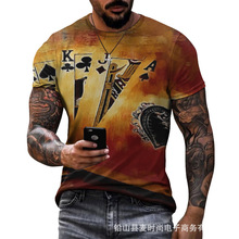 外貿歐美夏季新款3D撲克黑色桃心圖案印花男士T恤圓領寬松短袖T恤
