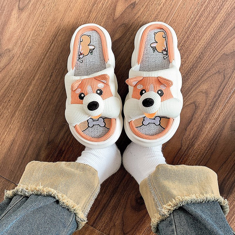 Cute linen slippers for women Summer indoor home home non-slip sweat-absorbent cotton linen puppy four seasons slippers spring and autumn