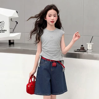 女童套装夏季2026新款儿童洋气无袖上衣小女孩夏装牛仔短裤两件套