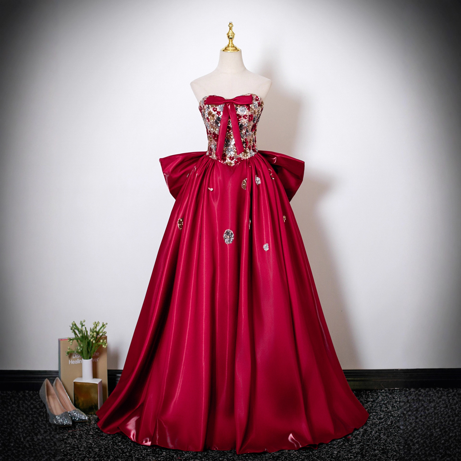 Red Evening Dress for Women 2026 New Style High-End Toast Dress Bride Engagement Dress Niche High-End Strapless Bow