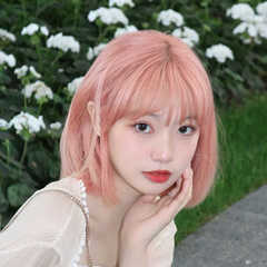 Internet celebrity wig with short hair for women, summer natural full headband, pink bangs, round face, age-reducing bob, simulated short style