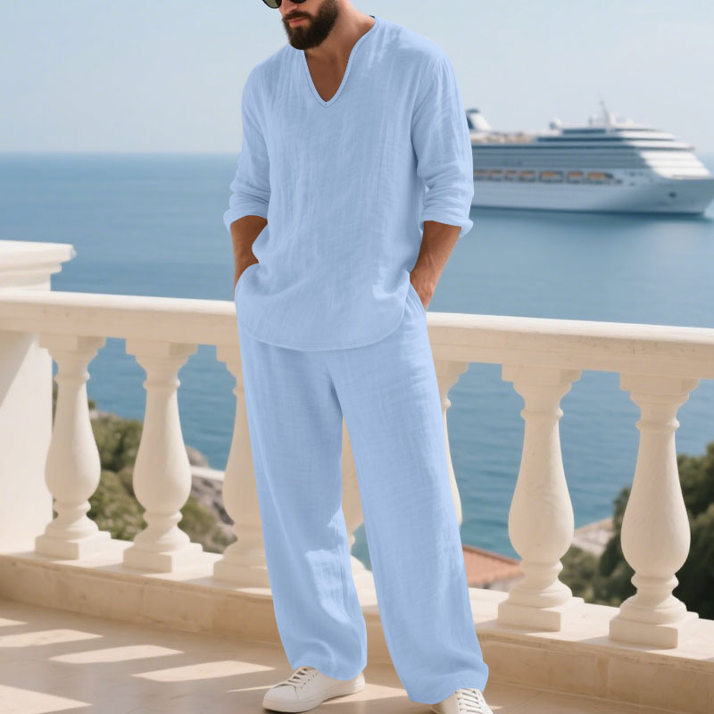 Herren-Leinenanzug für den Herbst, lässig, Strand-Look, V-Ausschnitt, lange Ärmel, lockere Hose, Sportanzug_voghion.com