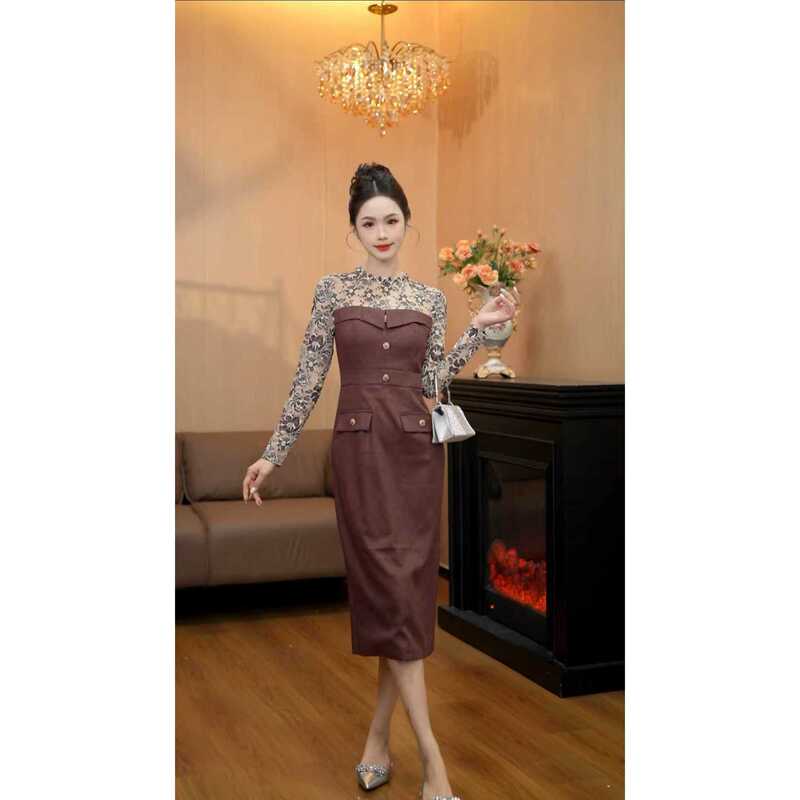 6363【London Metropolitan】Lace Patchwork Dress for Women, Waist-Cinching, Slimming, Hip-Hugging Mid-Length Dress, Beach Vacation Dress