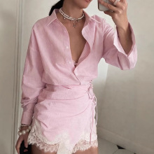 欧美跨境女装2026春季新款气质蕾丝花边条纹长袖衬衫半身裙套装