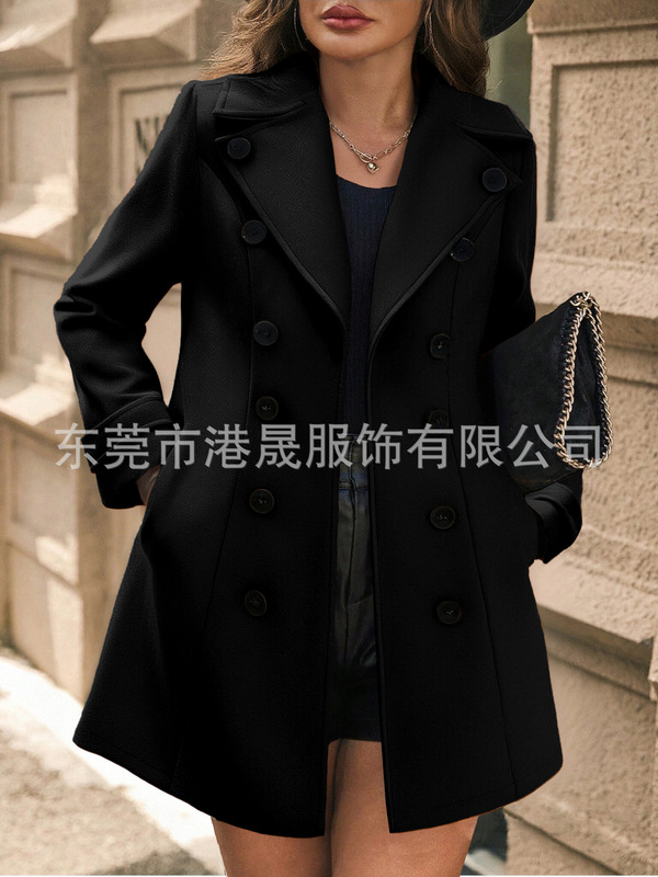 跨境独立站爆款秋冬毛呢大衣女中长款双排扣时尚呢子外套修身女装|undefined