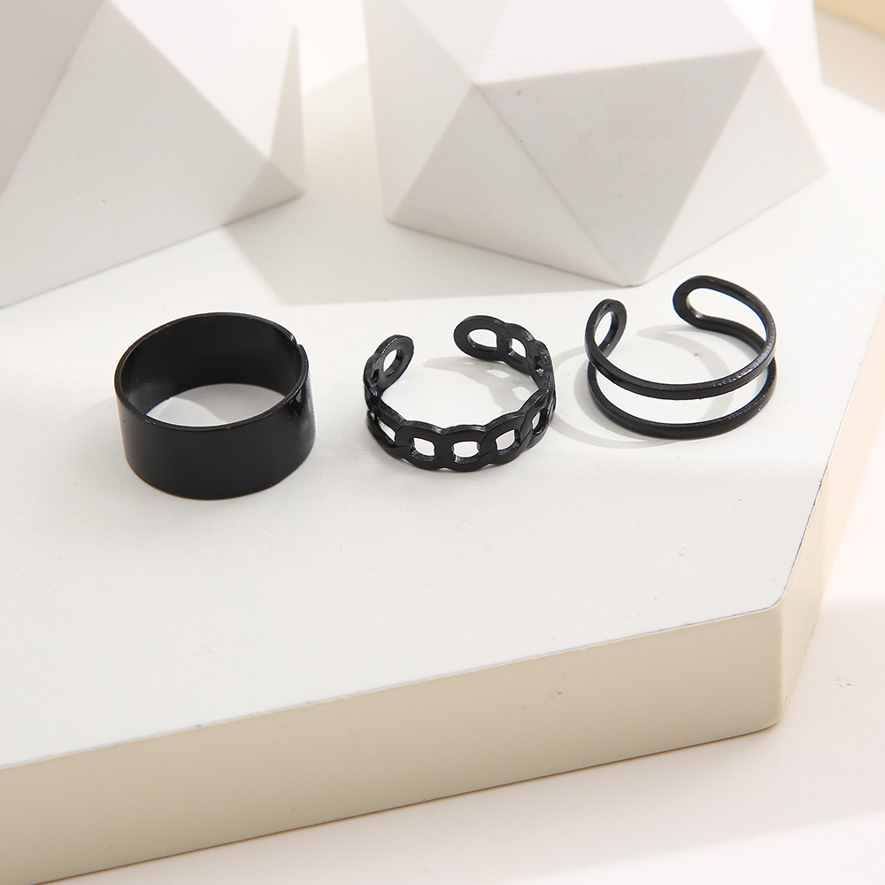 Hip-hop Cold Style C- shaped Ring Set 3-piece Set Creative Wide Face Opening Finger Ring Chain Joint Ring_voghion.com