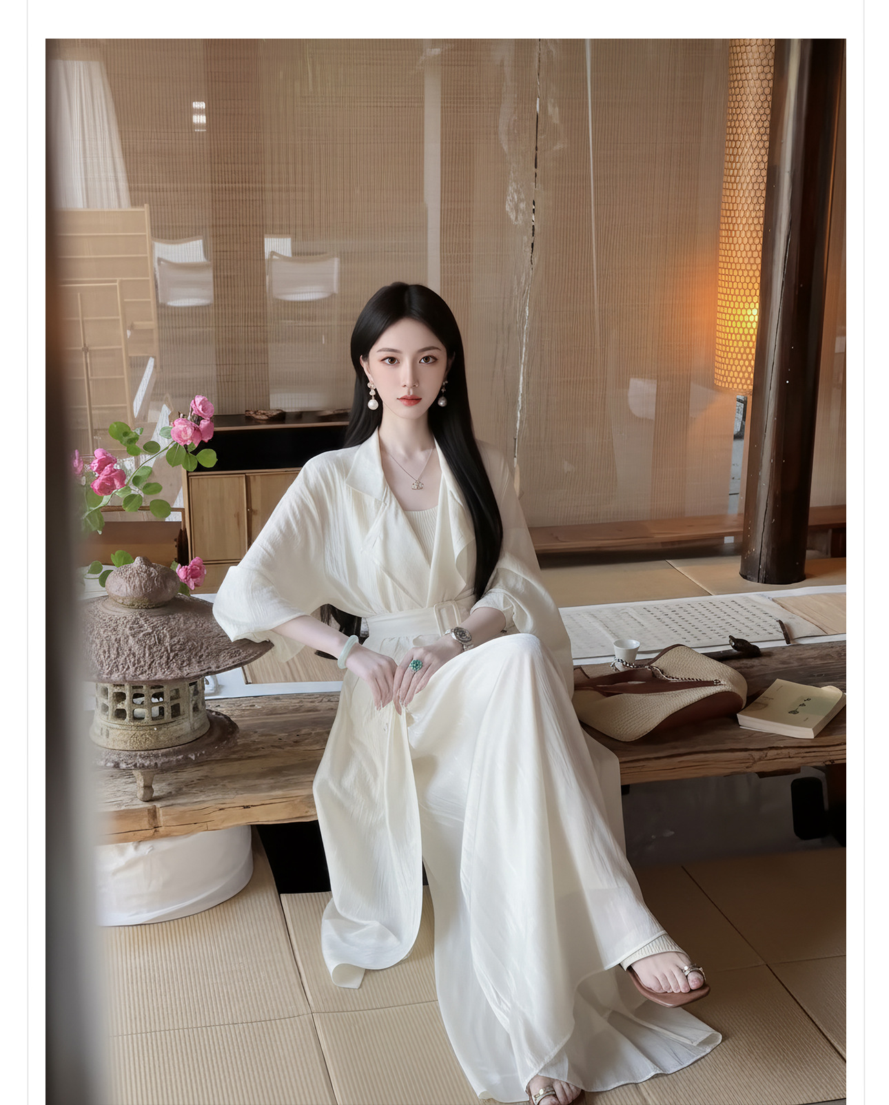 Áo khoác chống nắng dáng dài phong cách tân cổ điển trơn màu trắng ngà — màu trắng ngà chi tiết 2