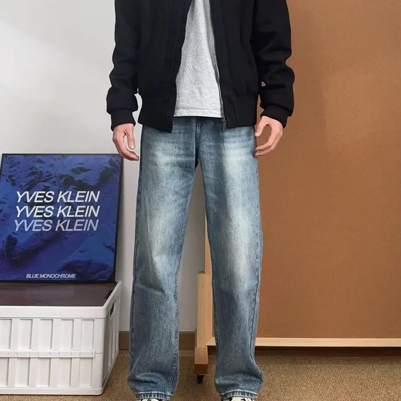 American Retro Blue Straight-Leg Jeans for Men, Autumn and Winter Cleanfit Scimitar Pants, Workwear Slim Fit Flared Long Pants