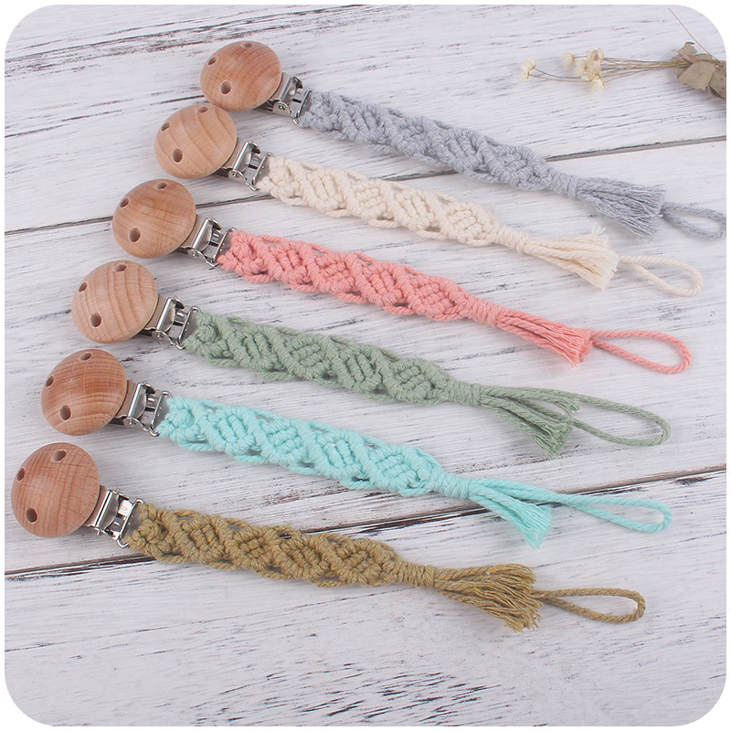 Suministros de bebé haya con agujero pezón clip pezón cuerda bebé creativo DIY hecho a mano tejido de algodón cuerda pezón cadena