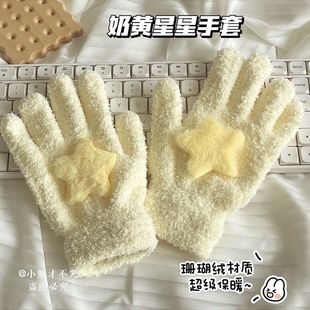 Ins Style Korean Milk Powder Star Coral Velvet Gloves Warm Student Winter Outdoor Cycling Gloves Best Friend Same Style