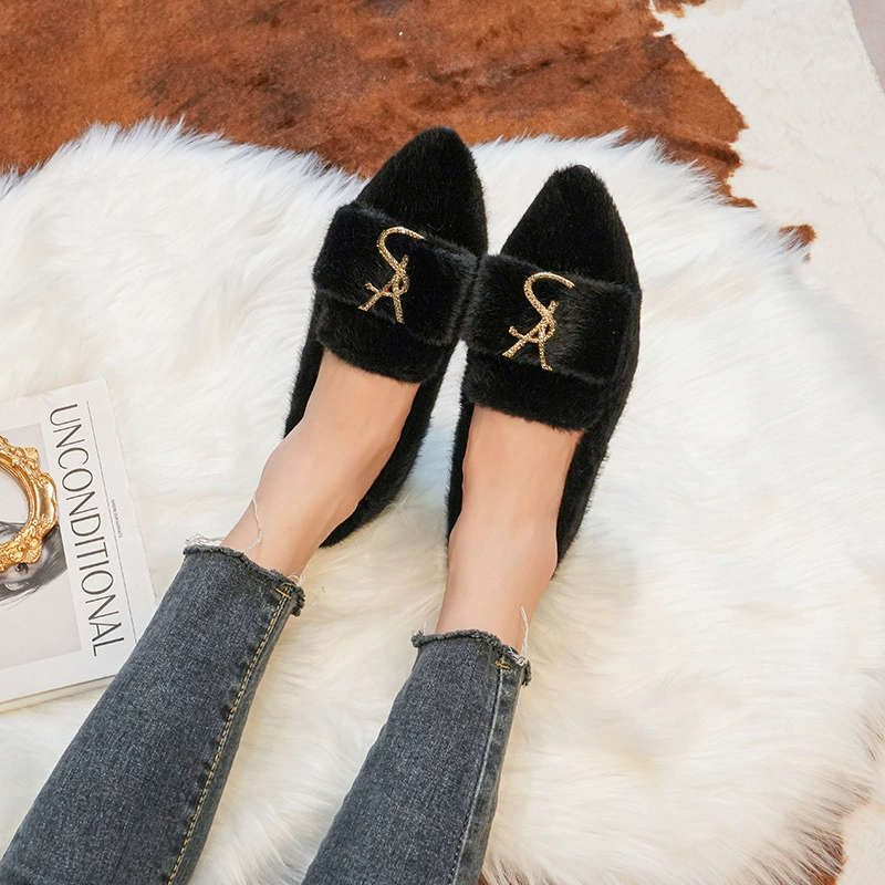 Furry shoes for women's outer wear winter plus velvet cotton scoop shoes mink velvet rabbit edamame shoes warm large size women's shoes 41 to 43