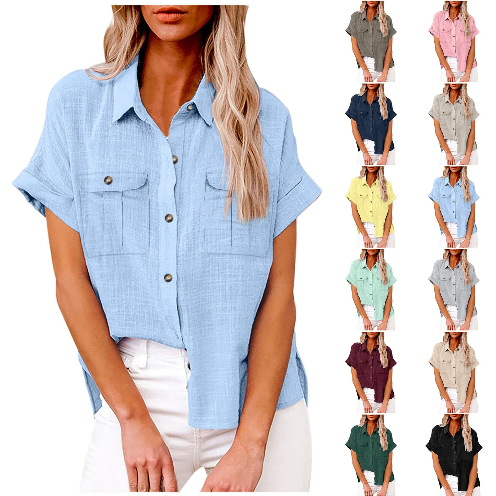 2025 Amazon независимый сайт популярные летние литературные и повседневные брюки с двойными карманами и разрезом, женская льняная хлопковая рубашка с короткими рукавами