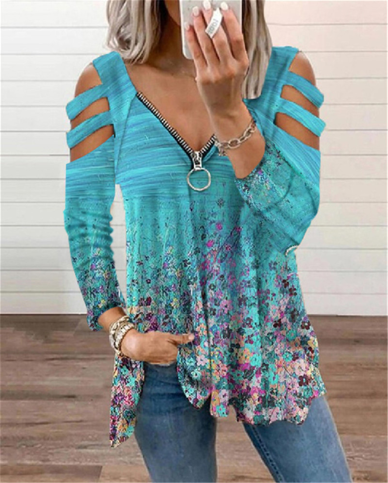 V-Neck Zipper Hollow Long-Sleeved Floral T-Shirt NSYHY106891