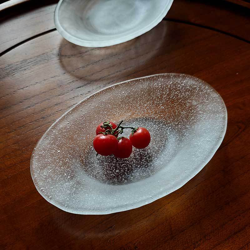 Japanese-Style Bubble Glass Plate, Oval Dessert Plate, Creative Fruit Salad Dessert Plate, High Aesthetic Cloud-Like Storage Tray