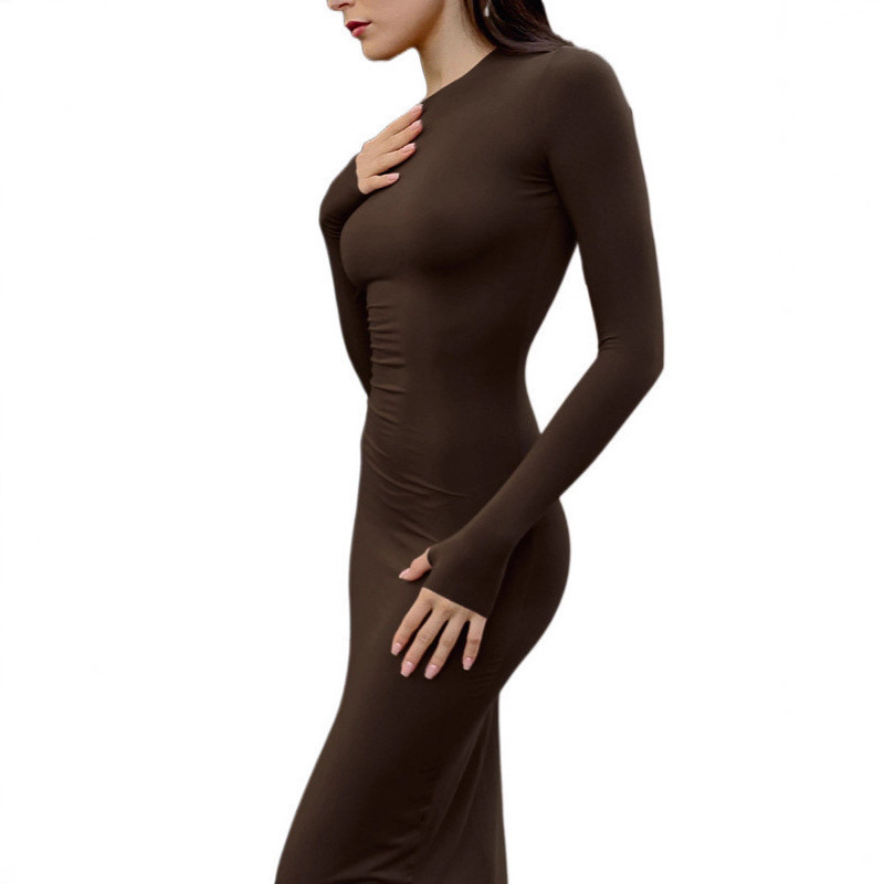 Ins Cross-Border Export European and American Finger Buckle Pure Color Round Neck Long-Sleeved Dress Slim Fit Hip Slimming Look Long Skirt Women's Trendy