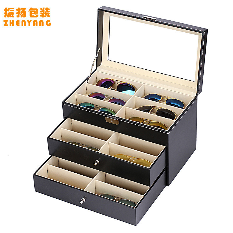 in stock three-layer glasses box black PU leather 12-bit sunglasses packaging box leather 18-bit storage box collection box manufacturers