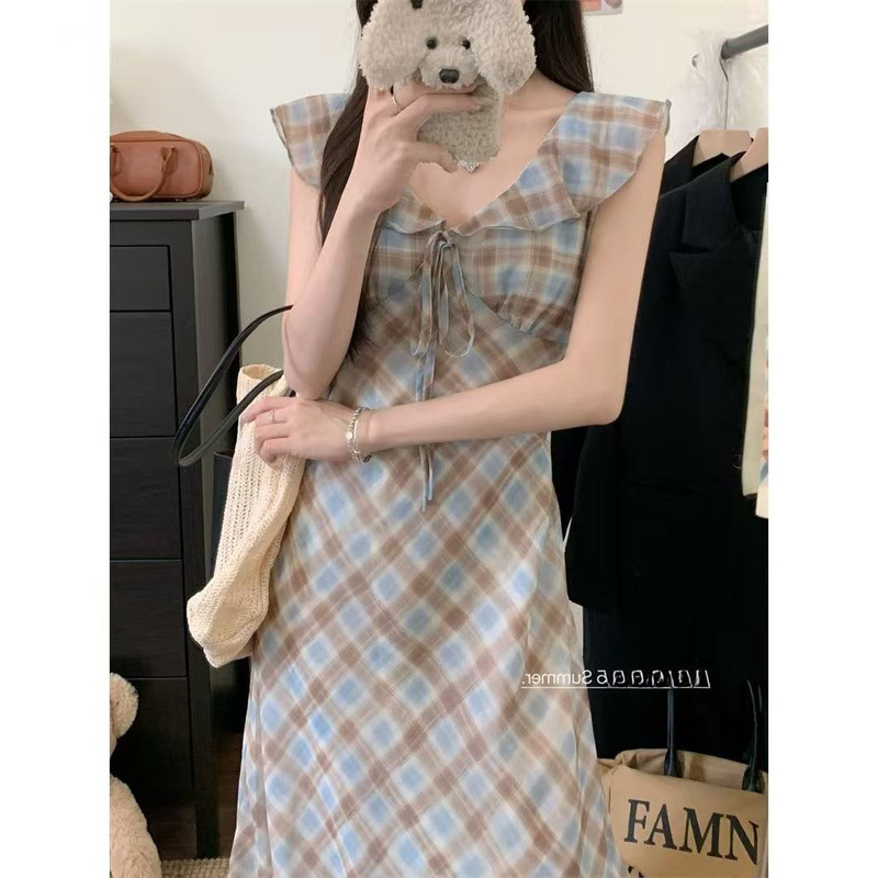 ニッチレトロコントラストチェック柄シフォンドレス婦人服 2025 夏フレンチスタイル小さなフライングスリーブ A ラインロングスカート|undefined