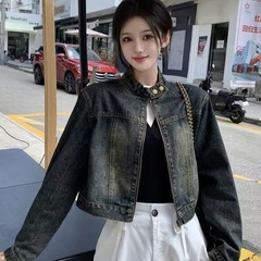 美式春秋新款复古牛仔外套宽松显瘦立领设计百搭拉链短款夹克上衣