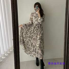 韩国chic雪纺碎花百褶淑女连衣裙 温柔气质长袖立领收腰长裙女