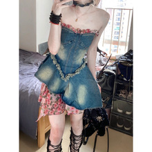 设计感做旧复古风玫瑰辣妹碎花拼接毛边收腰抹胸牛仔连衣裙女夏季