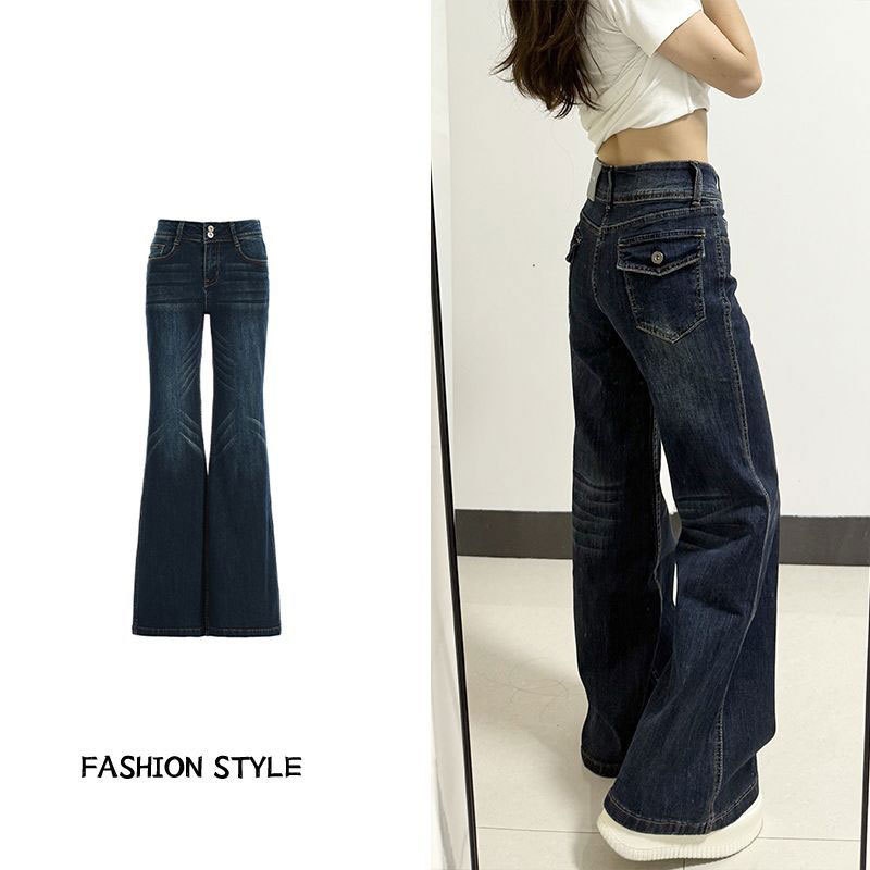 Casual Plus Size Flared Jeans for Women 2025 Autum New Dark Blue Non-Leg Slimming Look Versatile Floor-Length Pants