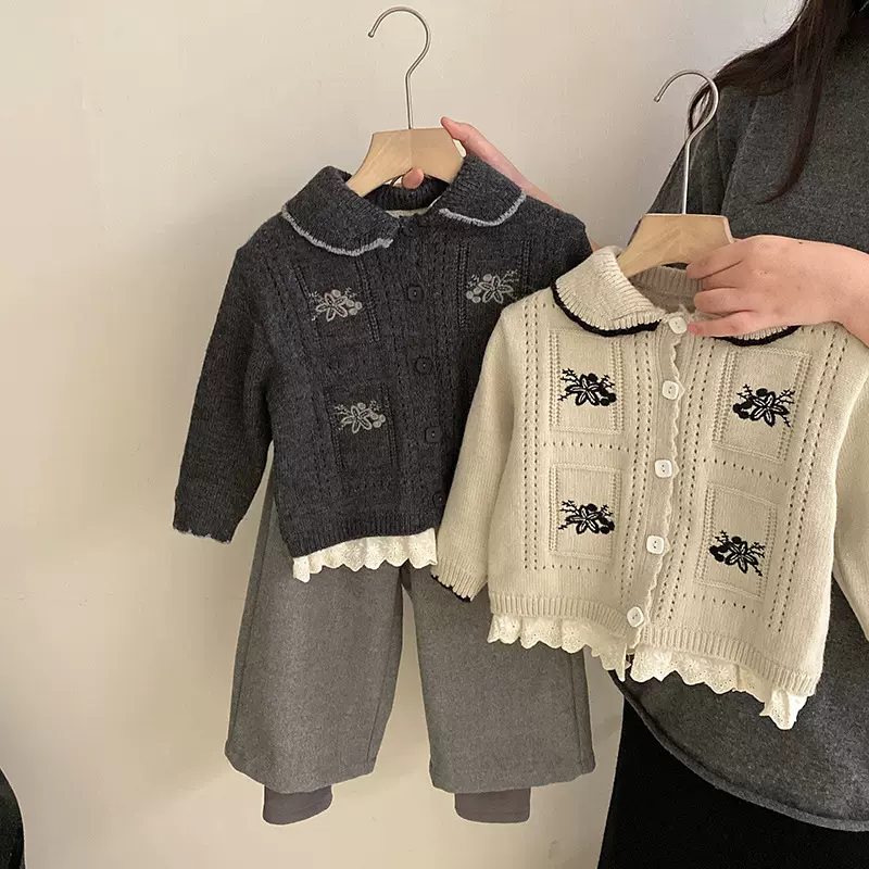 女童韩版秋冬新款加厚上衣花边针织衫皮草外套加绒休闲裤三件套潮