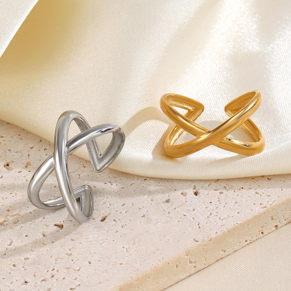 European and American simple style X cross stainless steel open ring female niche design sense 18K gold plated titanium steel ring wholesale
