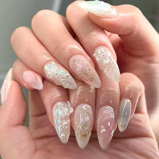 New Glue Gilded Wearable Nails 3D Flower Butterfly Fake Nails Textured Manicure 24 Pieces Cross-Border Manicure