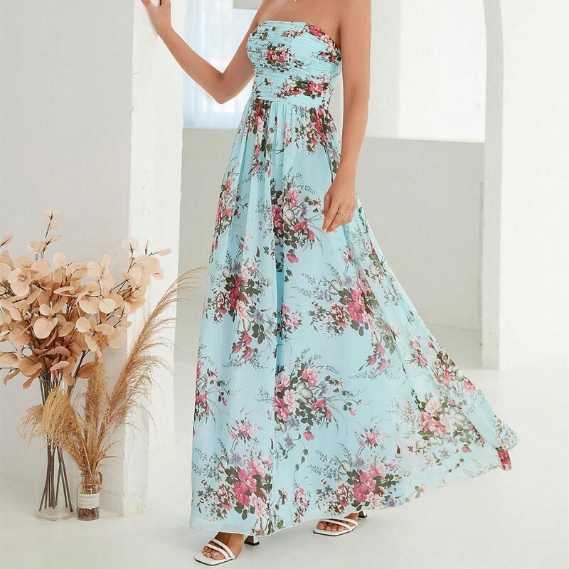 Printed Chiffon Evening Dress, Strapless Elegant Ball Gown, Party Dress, Bridesmaid Dress, Spring Backless Design Printed Chiffon Evening Dress, Strapless Elegant Ball Gown, Party Dress, Bridesmaid Dress, Spring Backless Design