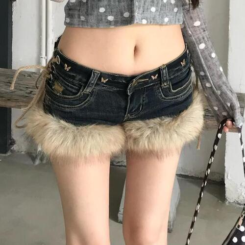 American retro large-size design, fluffy stitching denim pants, women's new y2k millennium hottie low-waist hot pants