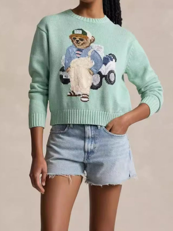 ポニー~秋冬レディースセーター、クマ刺繍、クマ織り花柄、ニットラウンドネックプルオーバートップス、万能|undefined