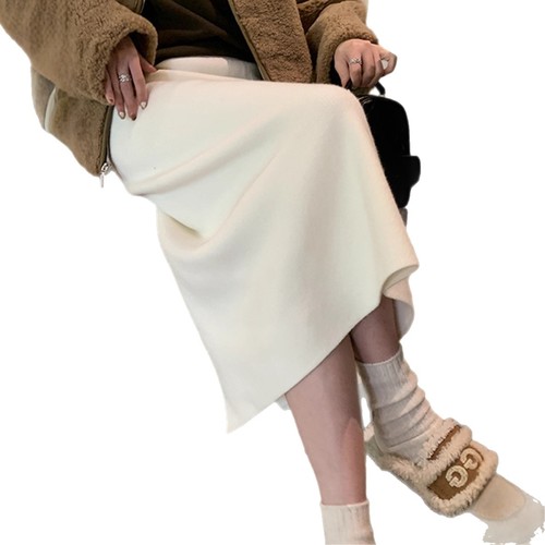 KANING Integrated Knit Semi-Skirt 2025 Autumn/Winter Thicken Fleece Slimming Pencil Skirt