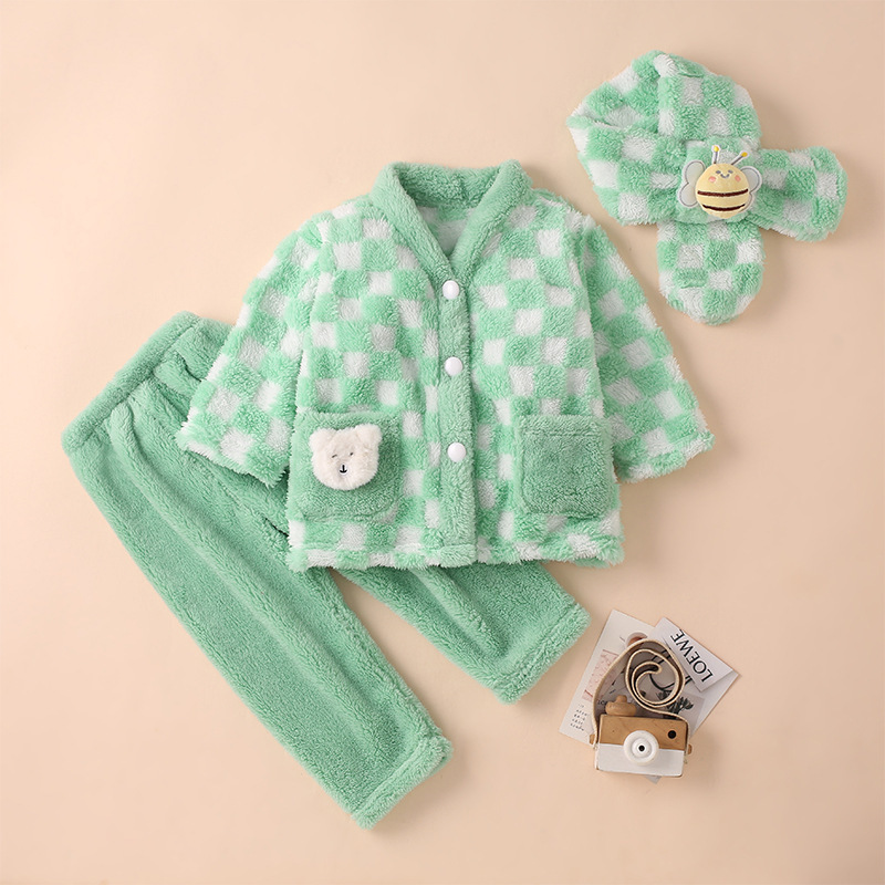 Autumn and Winter Checkerboard Kidsren's Flannel Home Clothes Set Boys and Girls Coral Velvet Pajamas Thickeneded and Warm