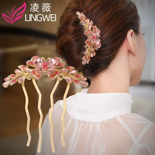韩版发梳插梳盘发头饰后脑勺水钻妈妈蝴蝶结水晶四齿发夹插梳夹子