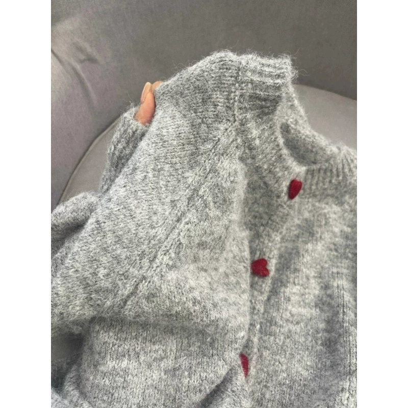 Oversized sweater jacket cardigan, round collar, gray knit with red heart buttons, cozy autumn fit