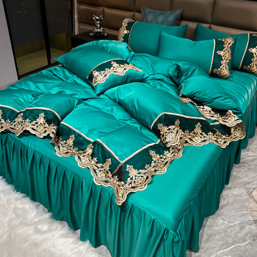 PK7J Summer Tencel Four-Piece Set Ice Silk Bed Skirt Bed Sheet Lace Pillowcase Three-Piece Set Bare Sleep Real Silk Brocade Bedding