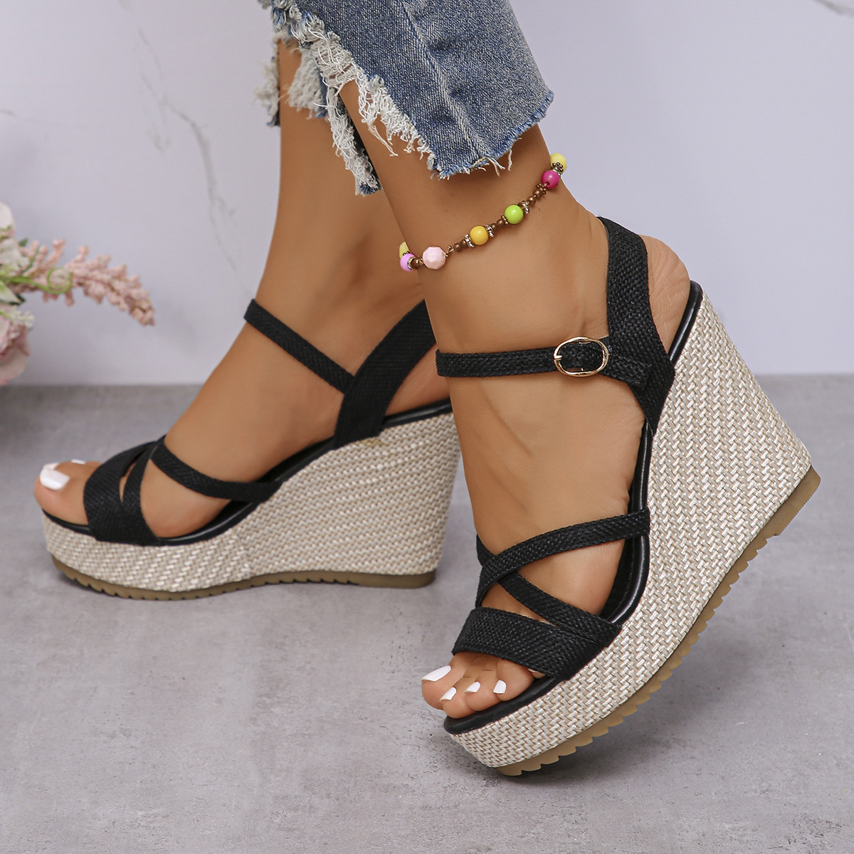 2024 New Cross One-word Buckle with Hemp Rope Comfortable Summer New Wedge Sandals Open Toe Women's Shoes 3