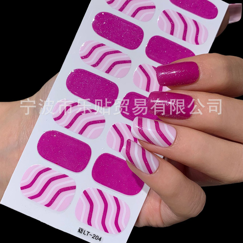 No-Bake Waterproof Gel Nail Stickers Easter Rose Red Striped Nail Stickers Full Set Wholesale in Stock Lt-204