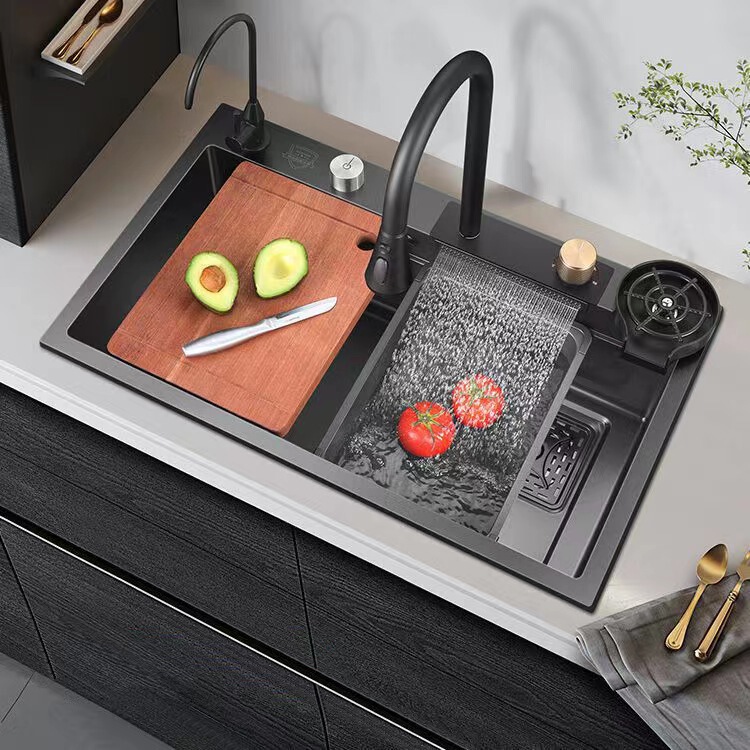 Kitchen Sink 304 Rain Faucet Vegetable Basin Integrated Light Luxury Stainless Steel Single Slot Drawable Faucet Large Sink