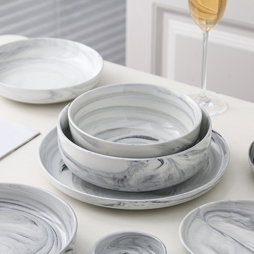 Light Luxury Fashion Silver Edge Tableware Set Combination Simple Marble Hotel Household Bowl Plate Dish New Ceramic Tableware