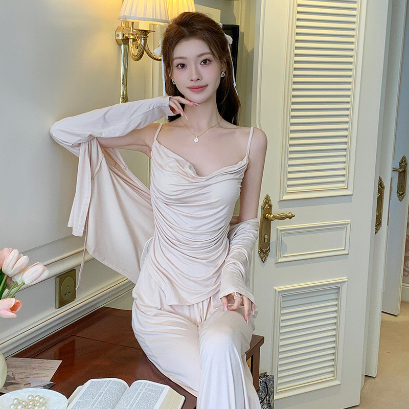 French Pajamas Women's Breast Pads New Spring and Autumn Camisole Can Be Worn Outside with Breast Pads Three-Piece Suit Home Clothes