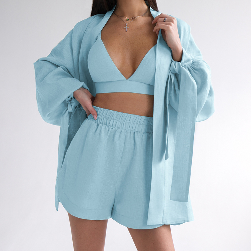 413g Weight Long Sleeve Sleeve Length Pajamas Lingerie Type Cotton Fabric Type Short Top Length Shorts Sets Sets Type 3 Pieces Set Quantity Home, Outdoor Occasion Halter Neck Neckline Breathable Function Regular Fit Fit Type Solid Color Pattern Summer, Spring Season Women's Gender Simple Style Style Home Outdoor Women's Simple Style Solid Color Cotton Shorts Sets Pajama Sets 25
