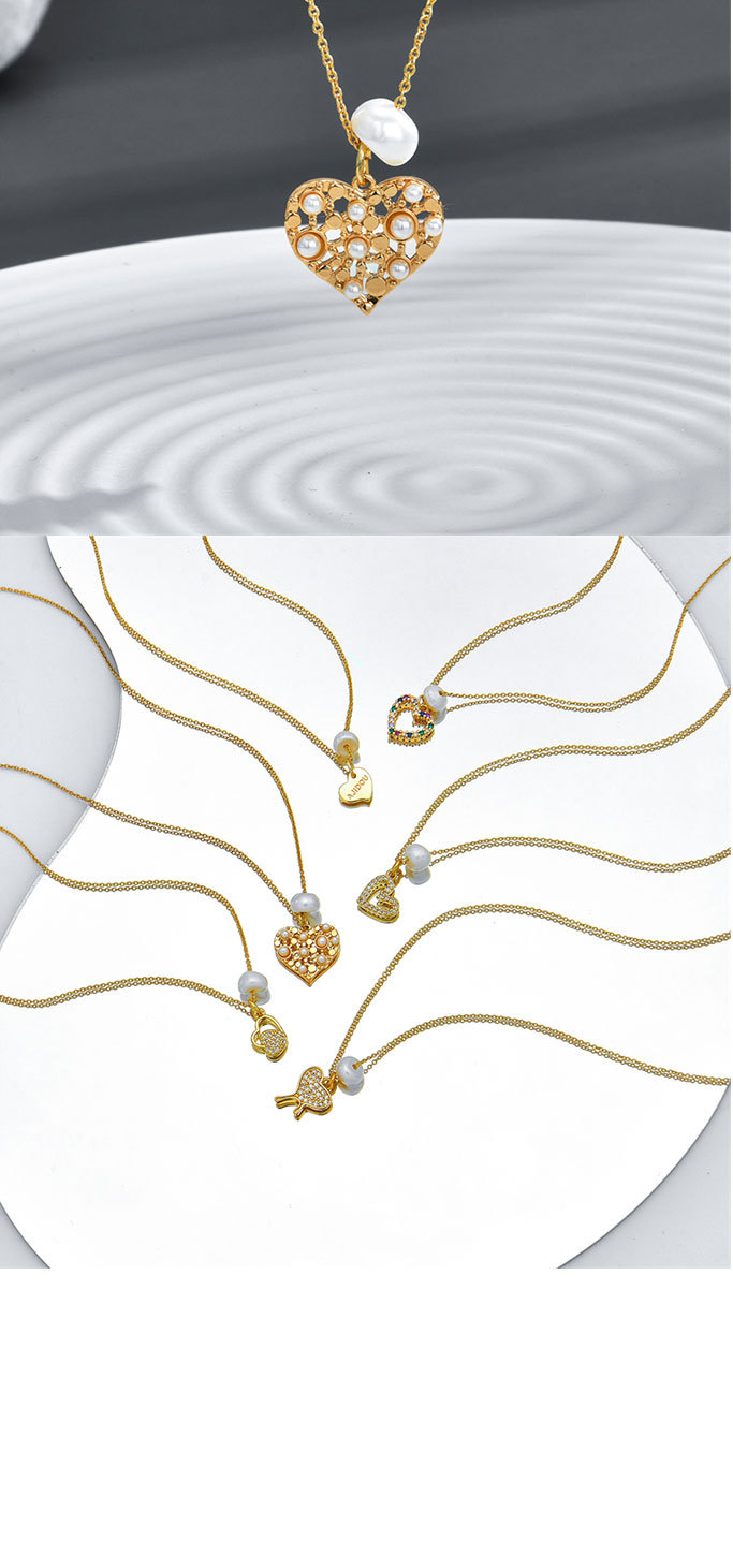 Fashion Pearl Heart-Shaped Pendant Copper Plating 14K Gold Zircon Inlaid Necklace