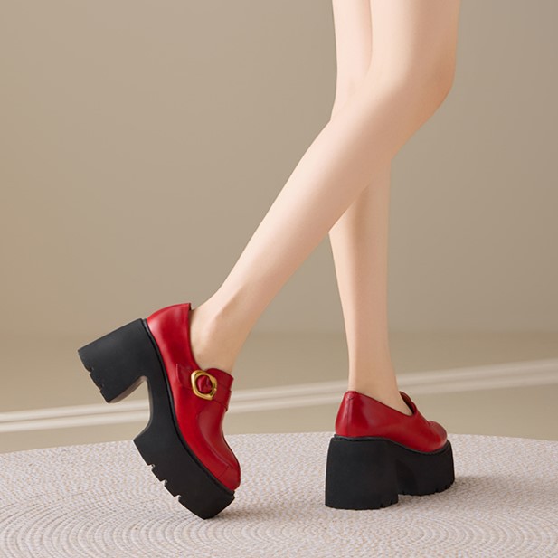 Giày loafer nữ da bò cao cấp gót vuông 10 cm, mũi nhọn khóa dây, đế dày — màu đen, màu đỏ