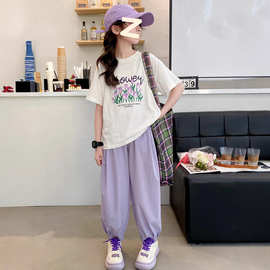 女童韩版薄款套装中大童夏季新款洋气字母短袖时髦束脚长裤两件套